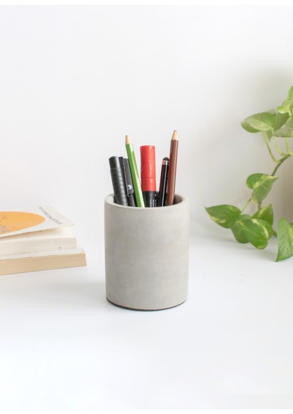 Dekoratif Beton Silindir Kalemlik |çok Amaçlı Organizer Vazo Saksı Ofis ve Banyo Düzenleyici 8X10 cm