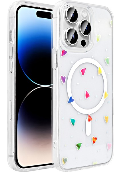 iPhone 14 Pro Kılıf M-Safe Şarj Özellikli Şeffaf Zore Folk Sert Kapak - Kalp