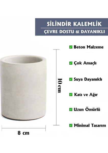 Dekoratif Beton Silindir Kalemlik |çok Amaçlı Organizer Vazo Saksı Ofis ve Banyo Düzenleyici 8X10 cm