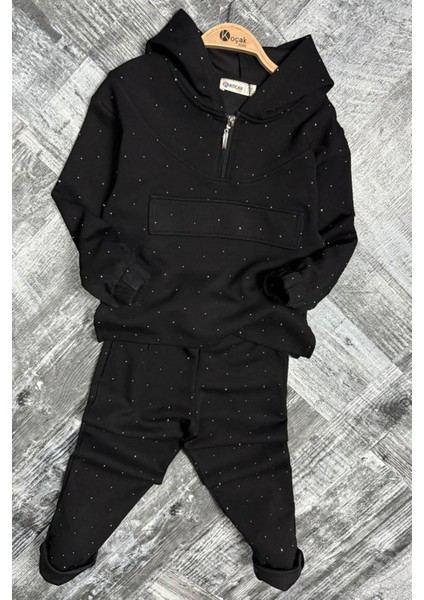 Taş Işlemeli Kapüşonlu Kız Çocuk takım - Siyah