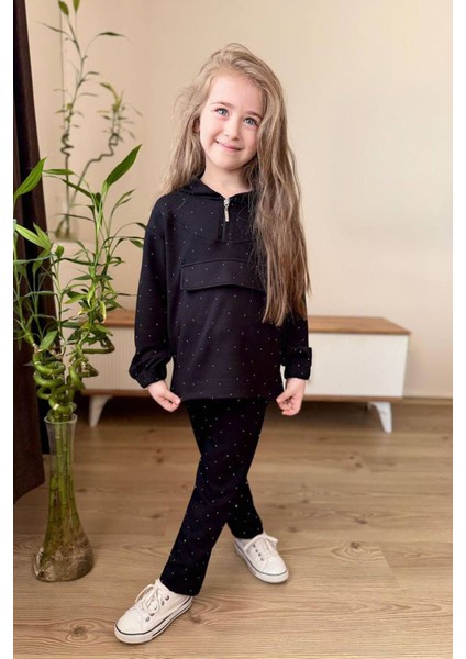 Taş Işlemeli Kapüşonlu Kız Çocuk takım - Siyah fiyatları