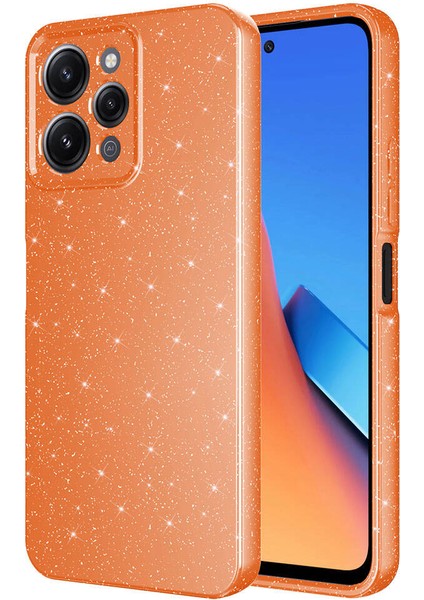Xiaomi Redmi 12 Kılıf Kamera Korumalı Simli Lüks Khyr Koton Kapak-Turuncu