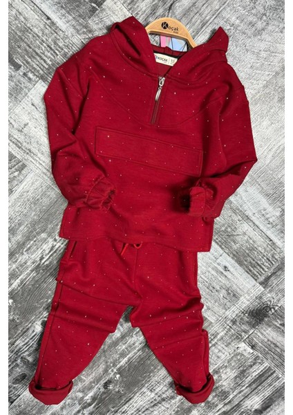 Taş Işlemeli Kapüşonlu Kız Çocuk takım - Kırmızı