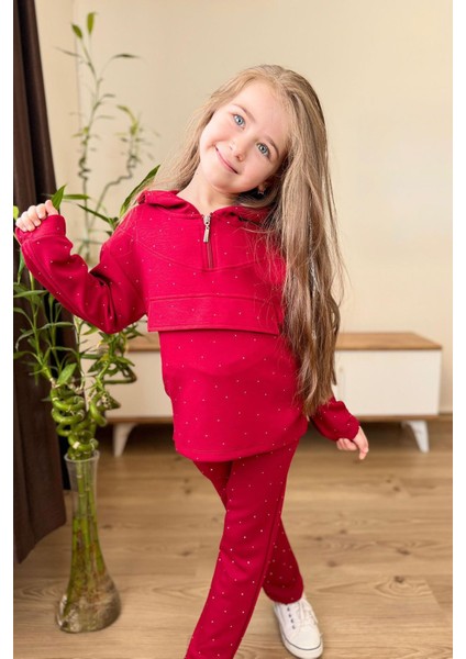 Taş Işlemeli Kapüşonlu Kız Çocuk takım - Kırmızı fiyatları