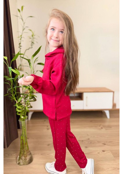 Taş Işlemeli Kapüşonlu Kız Çocuk takım - Kırmızı modelleri