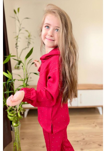 Taş Işlemeli Kapüşonlu Kız Çocuk takım - Kırmızı fırsatları