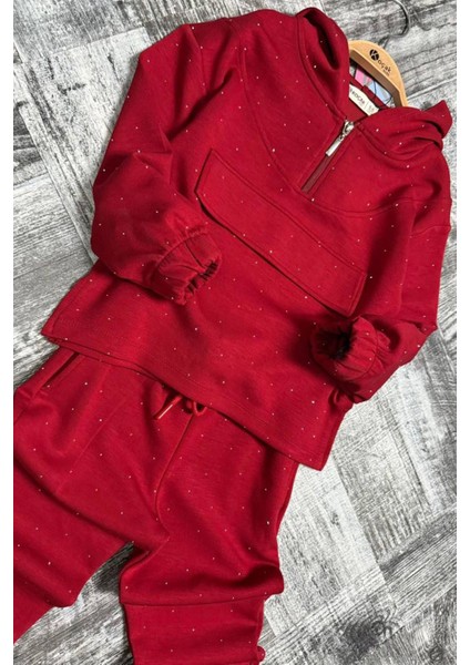 Taş Işlemeli Kapüşonlu Kız Çocuk takım - Kırmızı indirimleri