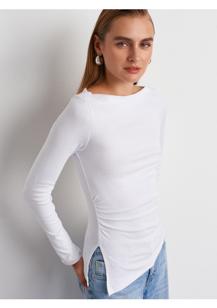 32198 Kayık Yaka Uzun Kollu Top-Beyaz