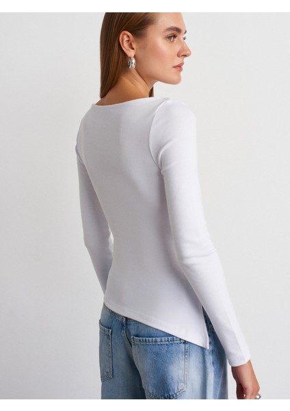 32198 Kayık Yaka Uzun Kollu Top-Beyaz fiyatları