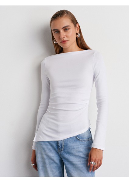 32198 Kayık Yaka Uzun Kollu Top-Beyaz modelleri