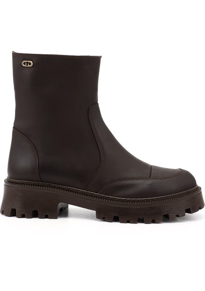 Kadın Kahverengi Yuvarlak Burunlu Fermuarlı Bot