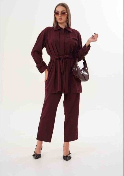 Kadın Bordo Şerit Detaylı Tesettür Takım