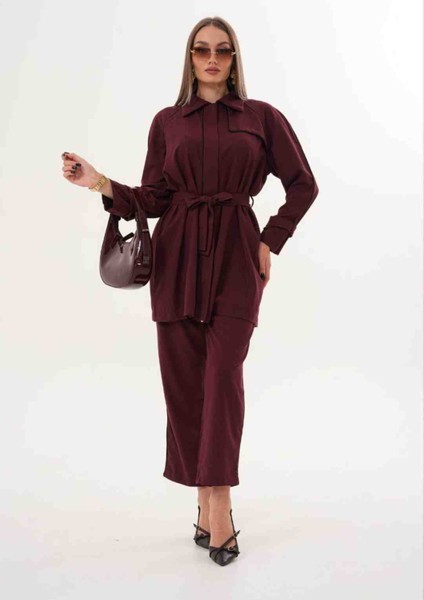 Kadın Bordo Şerit Detaylı Tesettür Takım fiyatları