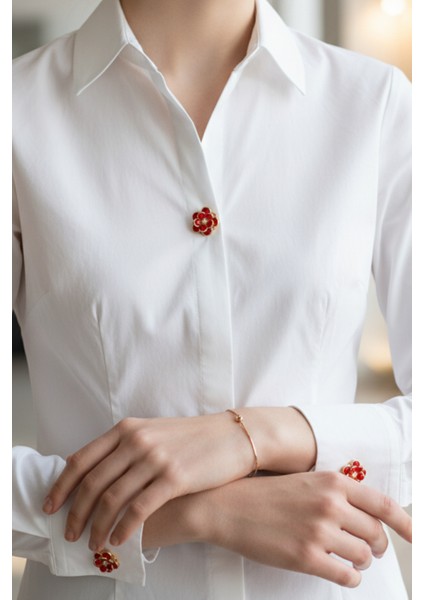 Yeni Trend Kırmızı Çiçek Gold Detaylı Düğme Kapağı Broş 1 Adet - Crimson Bloom modelleri