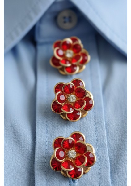 Yeni Trend Kırmızı Çiçek Gold Detaylı Düğme Kapağı Broş 1 Adet - Crimson Bloom