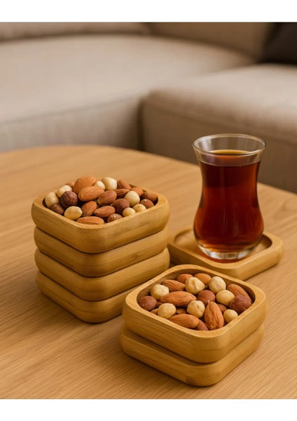 Pinterest Stil 3'lü Doğal Bambu Çerezlik Seti Ahşap Dekoratif Sade Kase Kare Atıştırmalık Kabı