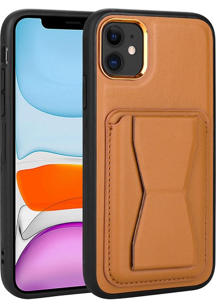 Apple iPhone 11 Kılıf Kartlıklı Standlı ​pu Deri Lckc Memo Kapak-Kahve Açık