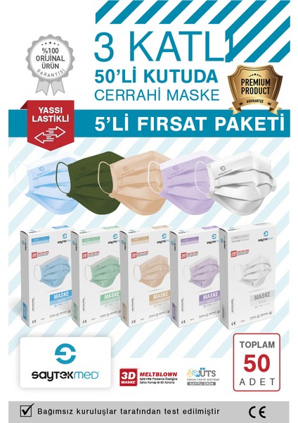 Meltblown Filtreli 3 Katlı 5 Farklı Renk Cerrahi Maske (50 Adet/ 5 Kutu)