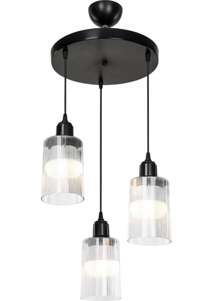 Sarmal 3’lü Modern Sarkıt Avize – Şeffaf Polioptik Camlı, Siyah Göbekli Tasarım