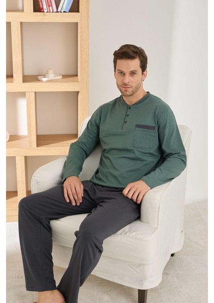 Pijamoni Erkek %100 Pamuk Penye Mevsimlik Uzun Kollu Pijama Takımı 6842