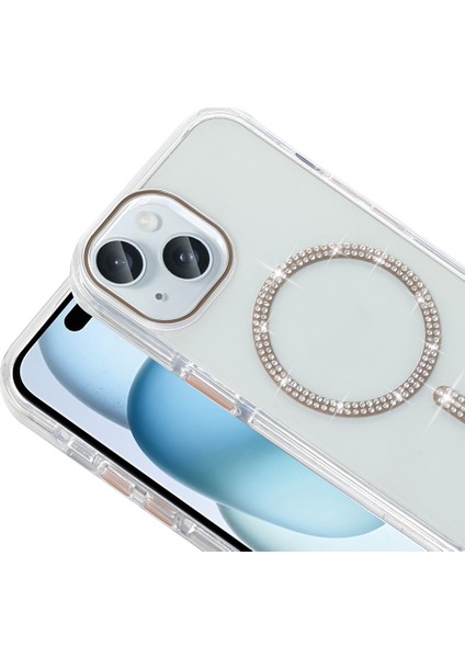 iPhone 15 Kılıf Taşlı Tasarım M-Safe Şarj Özellikli Zore Koment Silikon Kapak - Gümüş modelleri