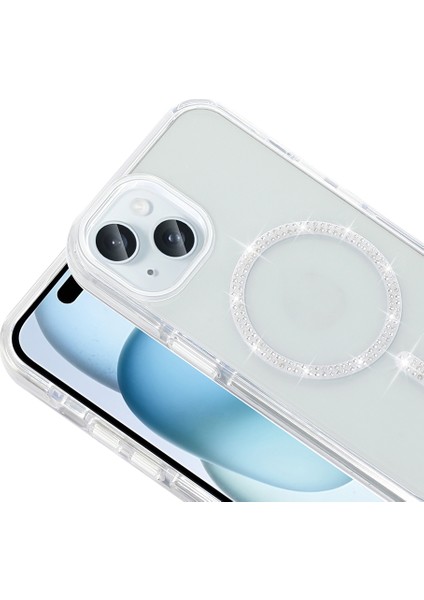iPhone 15 Kılıf Taşlı Tasarım M-Safe Şarj Özellikli Zore Koment Silikon Kapak - Gümüş indirimleri