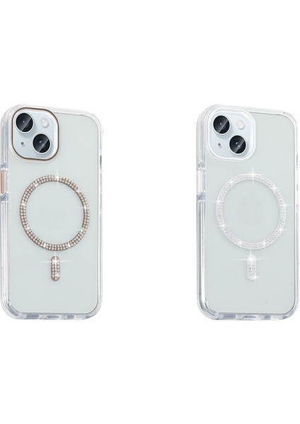 iPhone 15 Kılıf Taşlı Tasarım M-Safe Şarj Özellikli Zore Koment Silikon Kapak - Gümüş