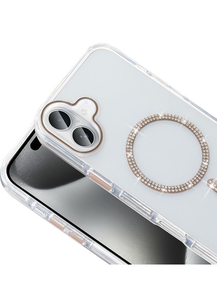 iPhone 16 Pro Kılıf Taşlı Tasarım M-Safe Şarj Özellikli Zore Koment Silikon Kapak - Gold modelleri