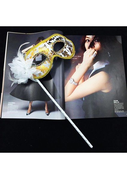 Lüks Taşlı Saplı Maskeli Balo Maskesi Beyaz Renk 35 cm