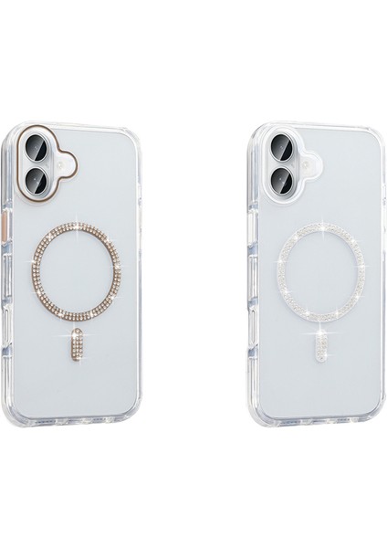 iPhone 16 Pro Kılıf Taşlı Tasarım M-Safe Şarj Özellikli Zore Koment Silikon Kapak - Gold