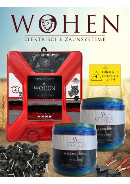 Ayı-Domuz Kovucu Elektrikli Çit Makinesi, 1000 Metre Krom Teli ve Izolatörlü Tam Set.