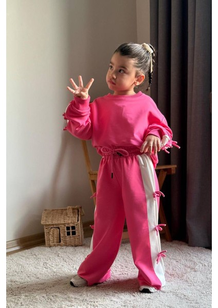 Fiyonk Detaylı Şeritli Kız Çocuk takım - Fuşya