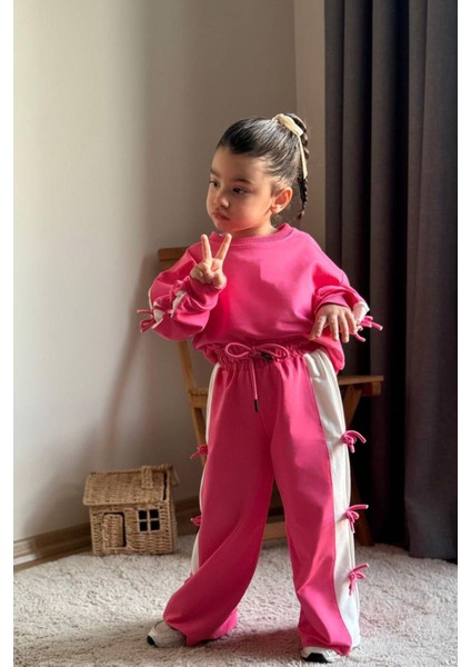 Fiyonk Detaylı Şeritli Kız Çocuk takım - Fuşya modelleri