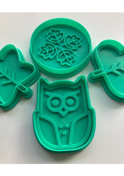 Sonbahar Kurabiye Kalıbı Seti, 4'lü Baykuş ve Yaprak Desenli, Gıda Uyumlu, Hamur Şekillendirici