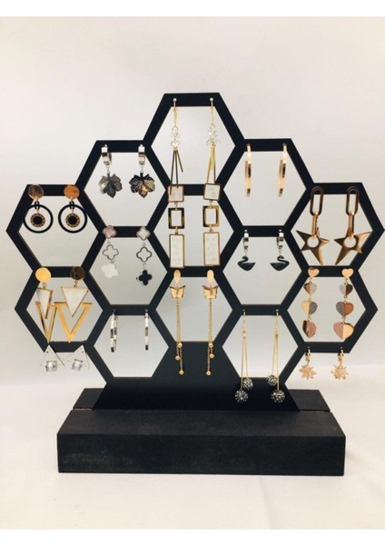 Ahşap Küpe Standı Petek Desenli Küpe Takı Düzenleyici Modern Takı Organizeri Siyah Renk