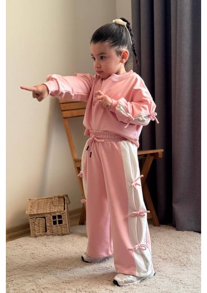 Fiyonk Detaylı Şeritli Kız Çocuk takım - Pembe modelleri