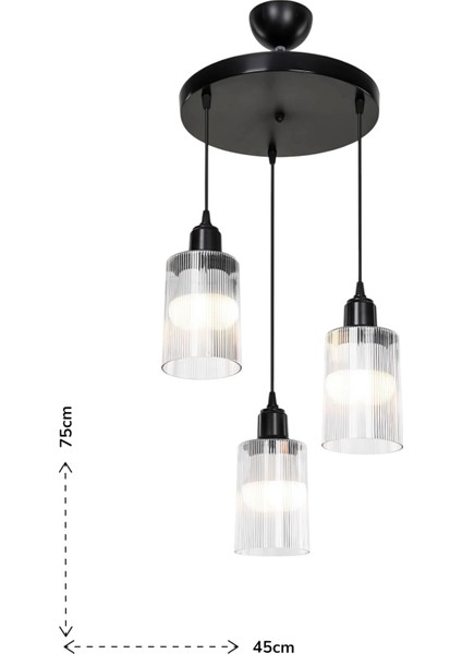 Sarmal 3’lü Modern Sarkıt Avize – Şeffaf Polioptik Camlı, Siyah Göbekli Tasarım fiyatları