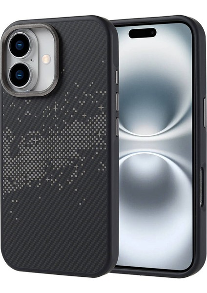 iPhone 16 Kılıf Magsafe Şarj Özellikli Karbon Fiber Tasarımlı Lckc Vave Kapak-Gri-Gri