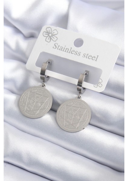 Bfs 316L Çelik Gümüş Renk Pentagram Işleme Model Kadın Küpe