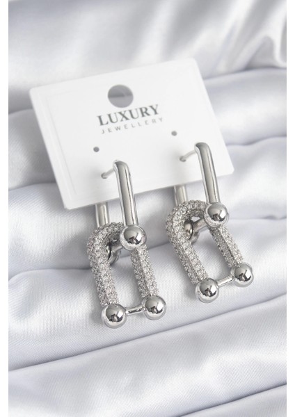 Bfs Pirinç Gümüş Renk Zirkon Taşlı Model Vıp Seri Kadın Küpe