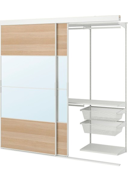 Sürgülü Kapaklı Gömme Dolap, Beyaz-Ağartılmış Meşe Görünümlü Aynalı Cam, 202X65X205 cm