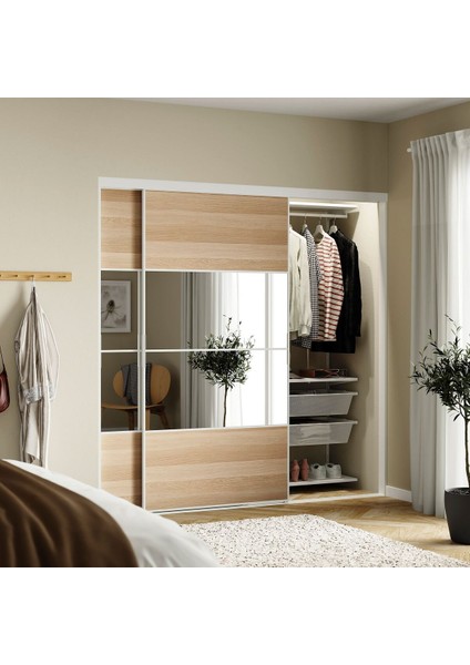 Sürgülü Kapaklı Gömme Dolap, Beyaz-Ağartılmış Meşe Görünümlü Aynalı Cam, 202X65X205 cm fiyatları