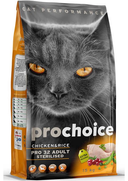 Prochoice Pro 32 Tavuk ve Pirinçli Kısırlaştırılmış Kedi Maması 15KG