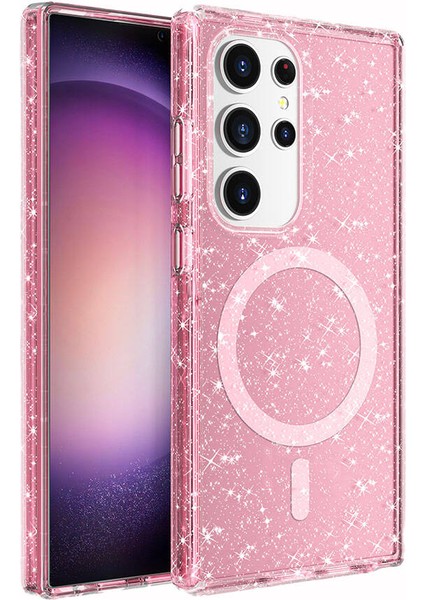 Galaxy S24 Ultra Kılıf Magsafe Şarj Özellikli Parlayan Simli Saydam Renkli Lckc Allstar Kapak-Pembe