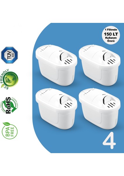 4 ADET Purepro I Su Arıtma Sürahi Filtresi (4 Adet Filtre ) I Jugg ve Brita Maxtra+ Pro ile Uyumlu
