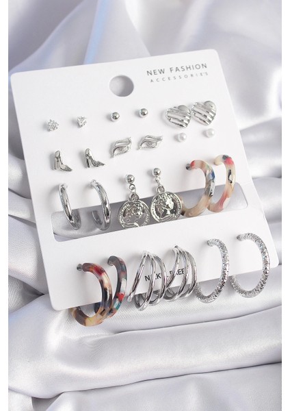 Bfs Pirinç Gümüş Renk Zirkon Taş Detaylı 12 Çift Kadın Küpe