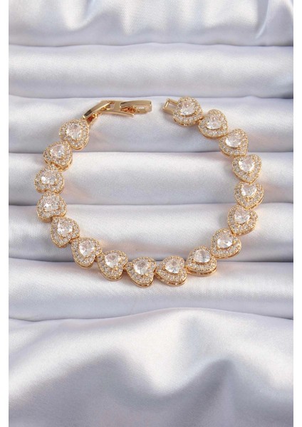 Bfs Pirinç Vip Seri Gold Renk Zirkon Taşlı Kalp Model Bileklik