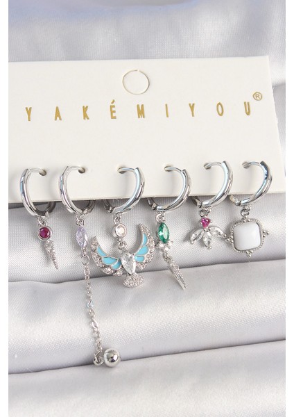 Bfs Pirinç Gümüş Renk Zirkon Taşlı Kuş Figür Çiçek Detay 6'lı Kadın Kombin Küpe