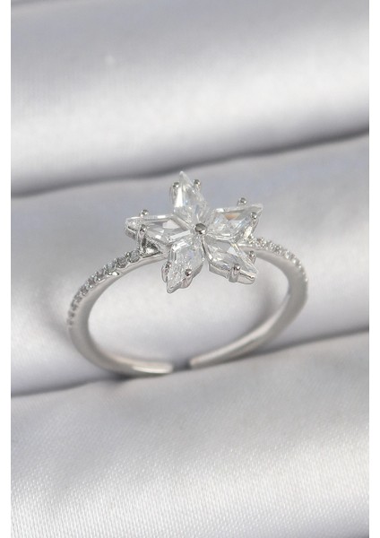 Bfs Pirinç Gümüş Renk Zirkon Taşlı Yıldız Model Ayarlanabilir Kadın Yüzük