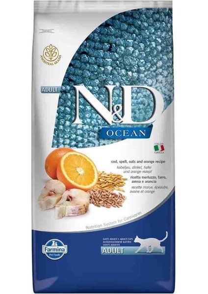 Nd Ocean Düşük Tahıllı Morina Balığı ve Portakallı Yetişkin Kedi Maması 10KG